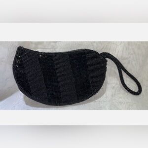 Bijoux Terner Evening Clutch Black Sequin Beaded Wristlet Purse Crescent Shape